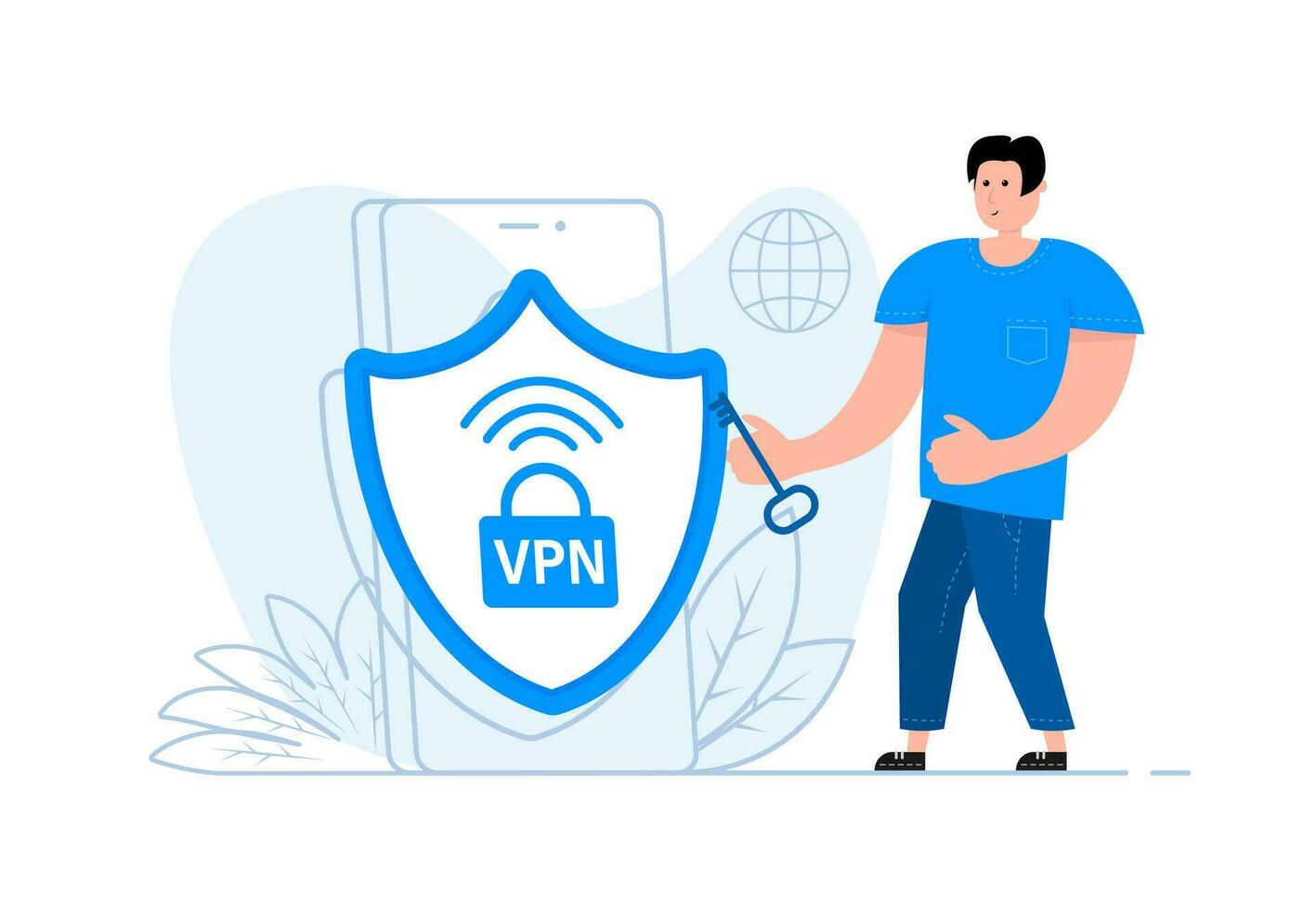 A man stands near the smartphone, on the screen VPN icon. Virtual Private Network. vector