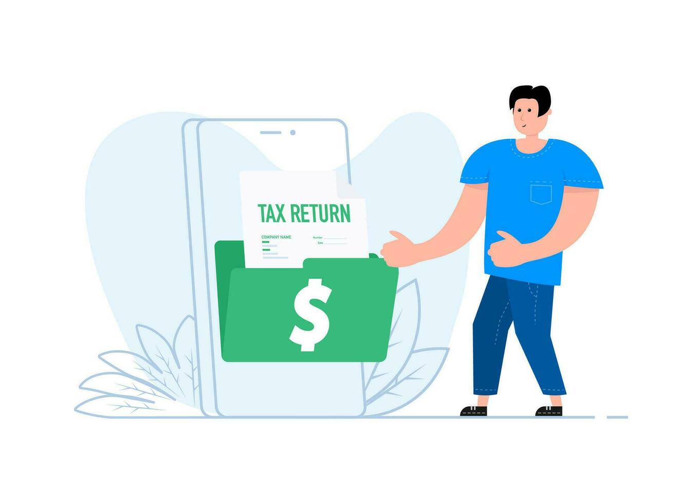 A man stands near the smartphone, on the screen Tax return document. Tax declaration vector