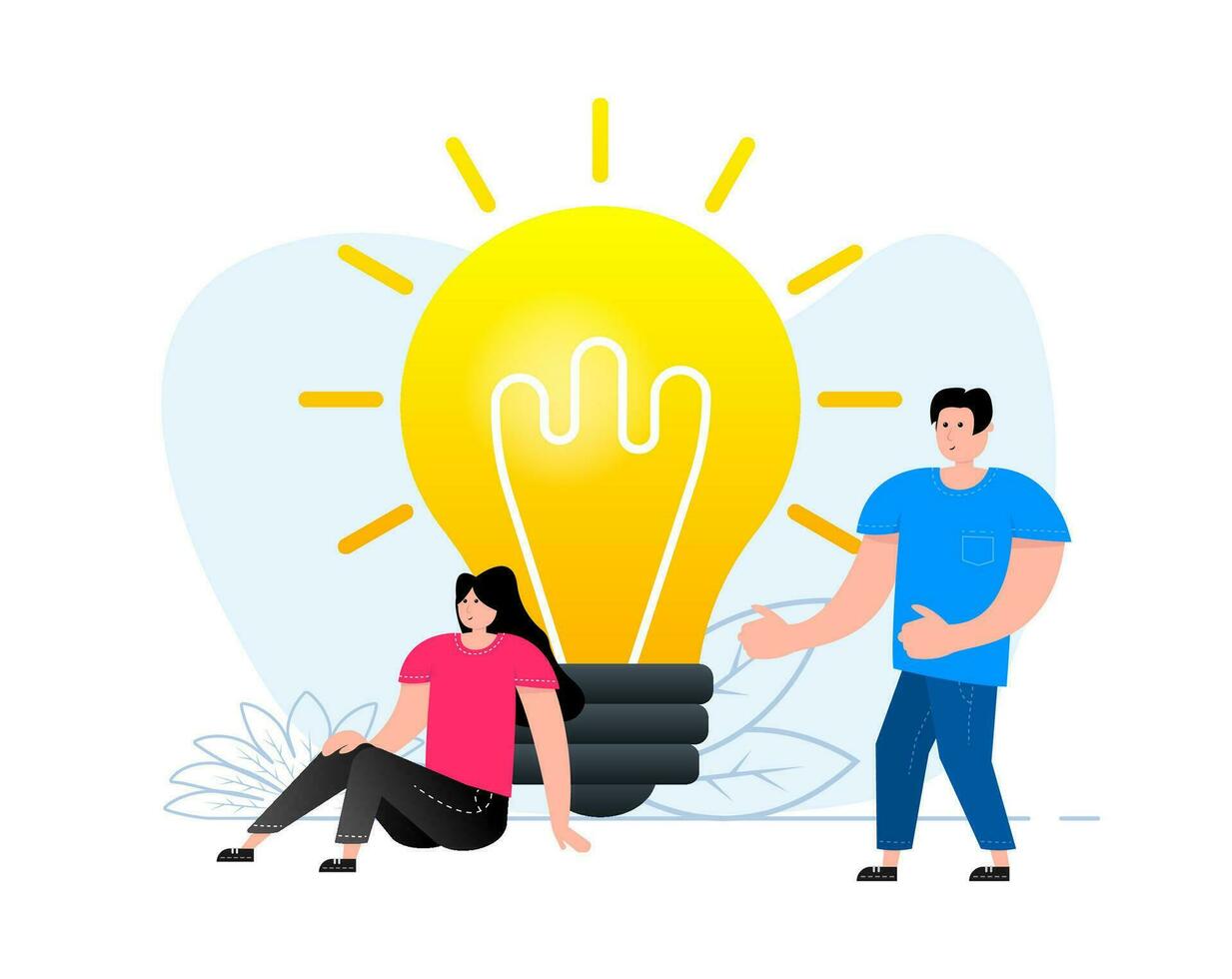 People stand near the light bulb. Sharing business ideas. Solution, startup, creativity. Creative idea. vector
