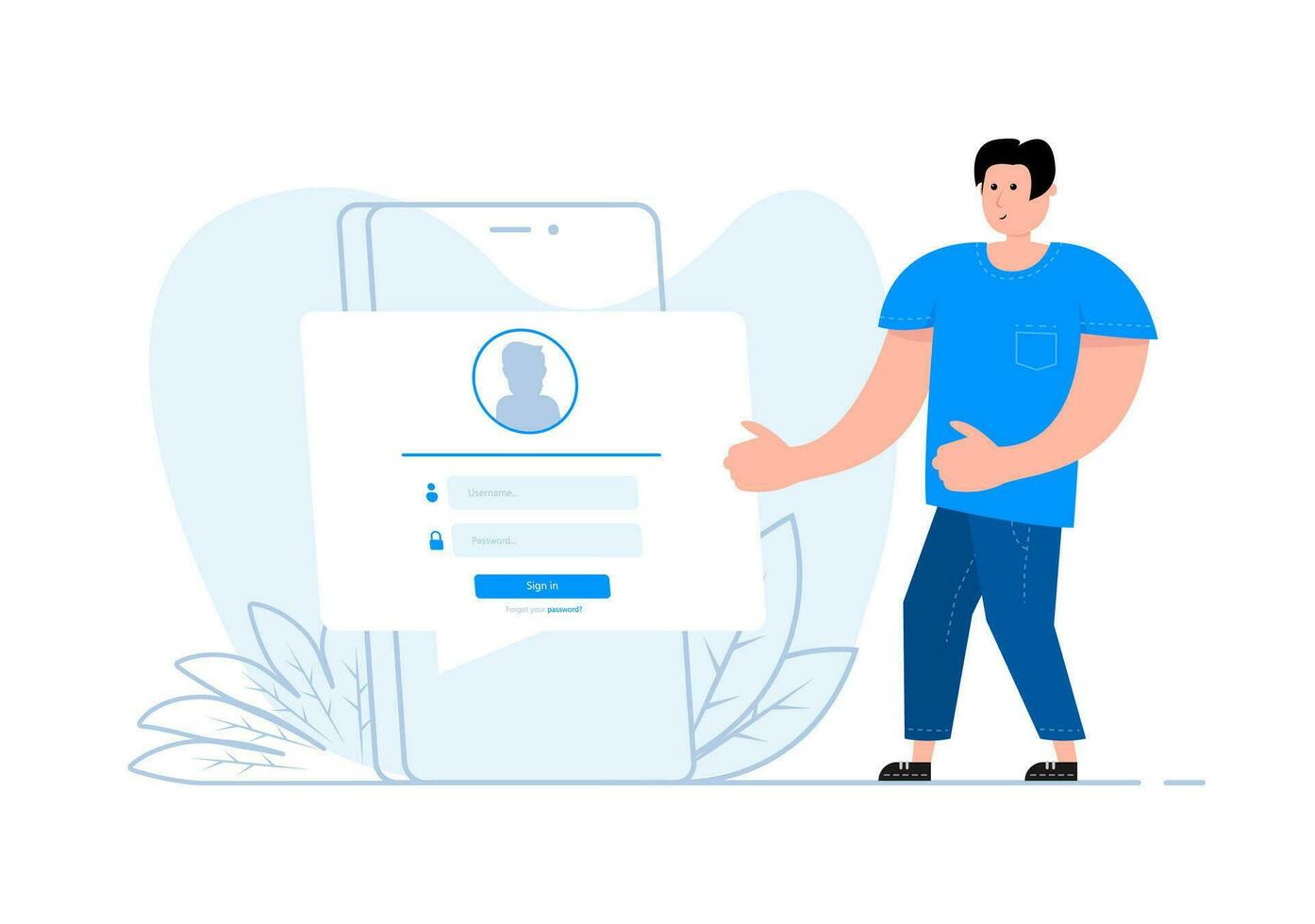 A man stands near the smartphone, on the screen Login page. User profile, access to account concept. vector