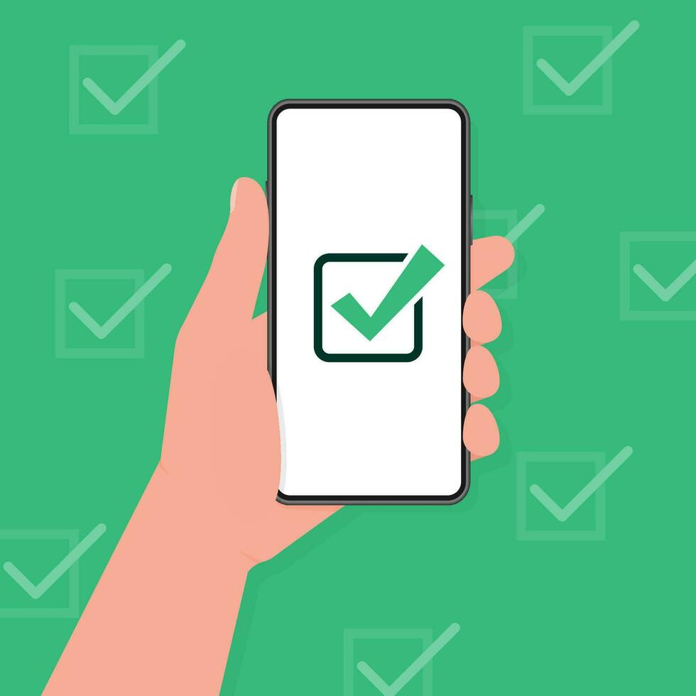 Hand holding a tablet. Using digital tablet pc. Empty screen. Approved choice. Accept or approve checkmark. vector