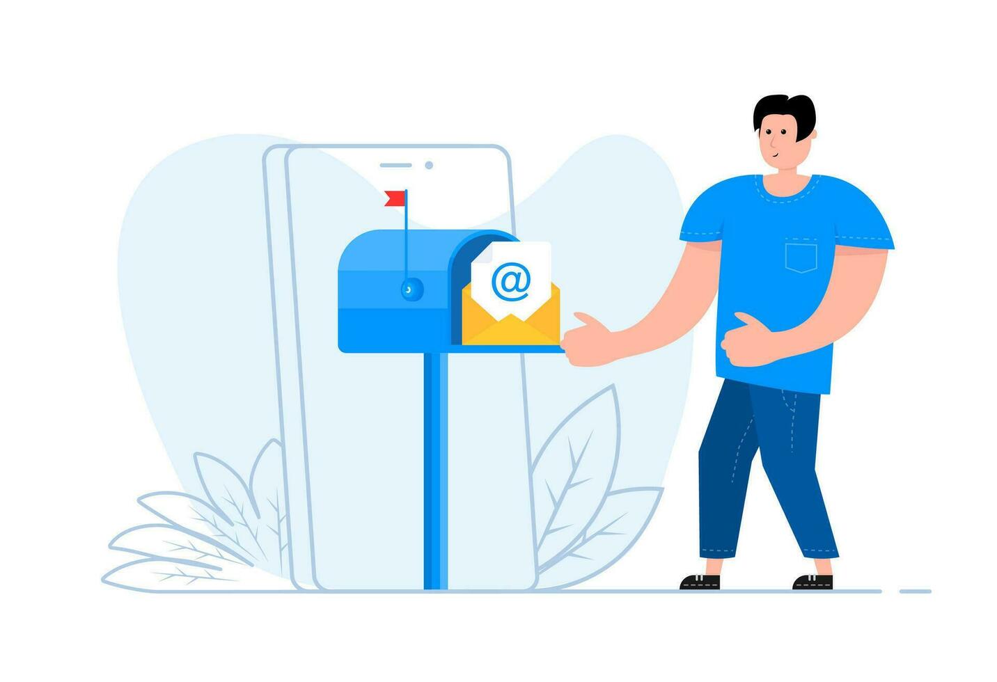 A man stands near the smartphone, on the screen Subscription to newsletter, Email Marketing vector