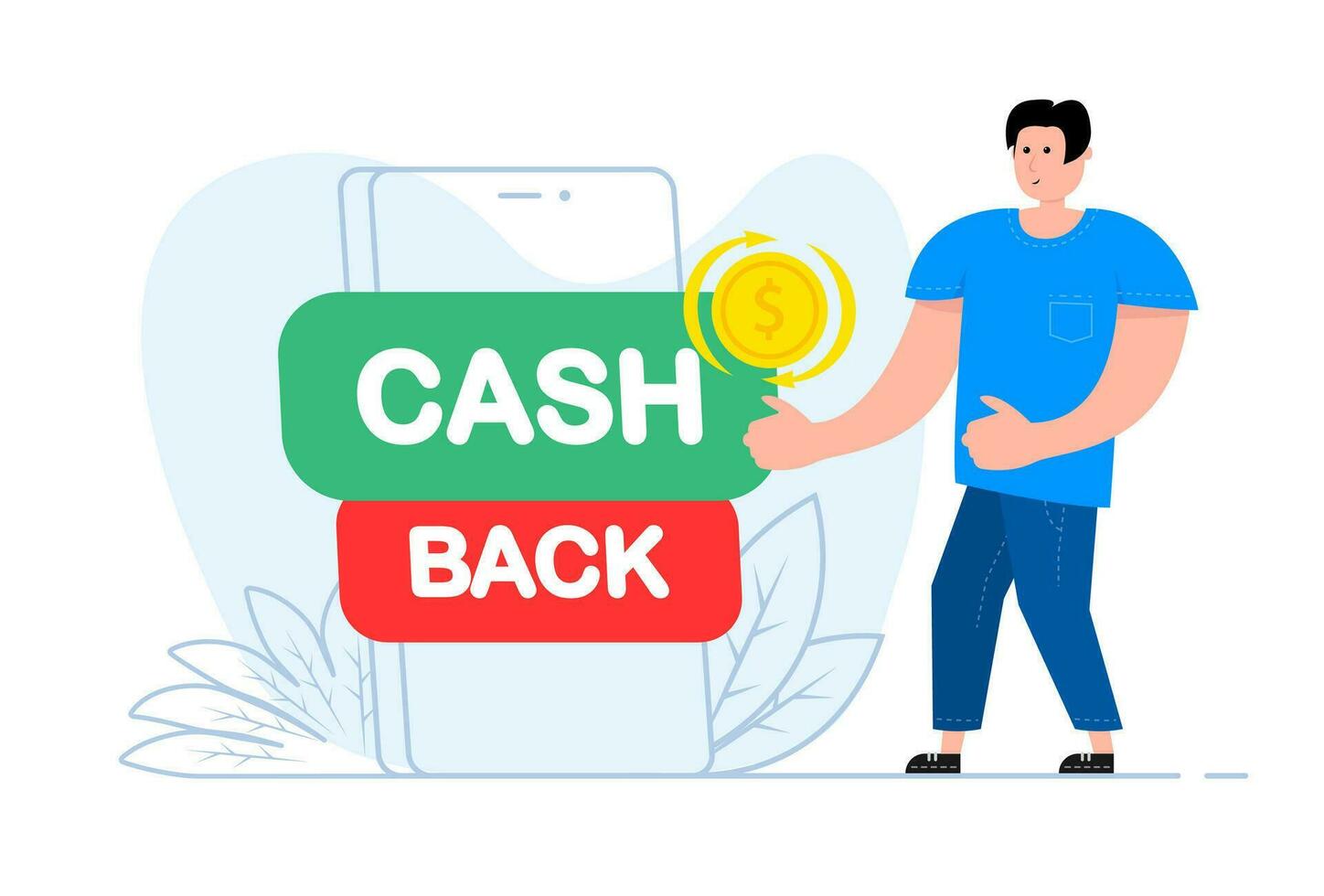 A man stands near the smartphone, on the screen Cash Back. loyalty program. vector