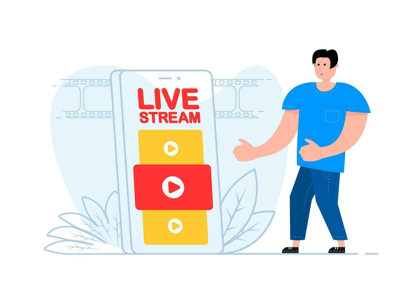 A man stands near the smartphone, on the screen live stream. Layer, broadcast, website. vector
