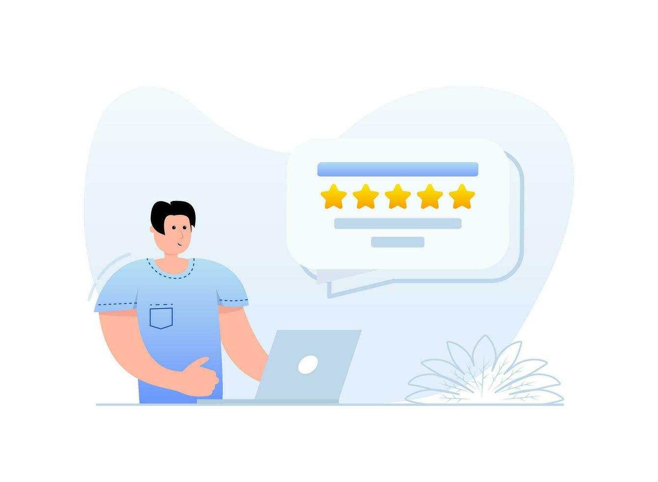 Man giving assessment in internet store. Customer support. Five Star Feedback. Vector stock illustration.