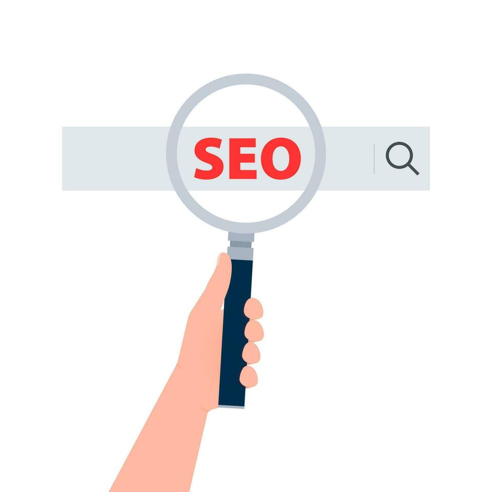 Search engine ranking. SEO text on search bar. Magnifying glass. Web analytics and seo marketing. vector