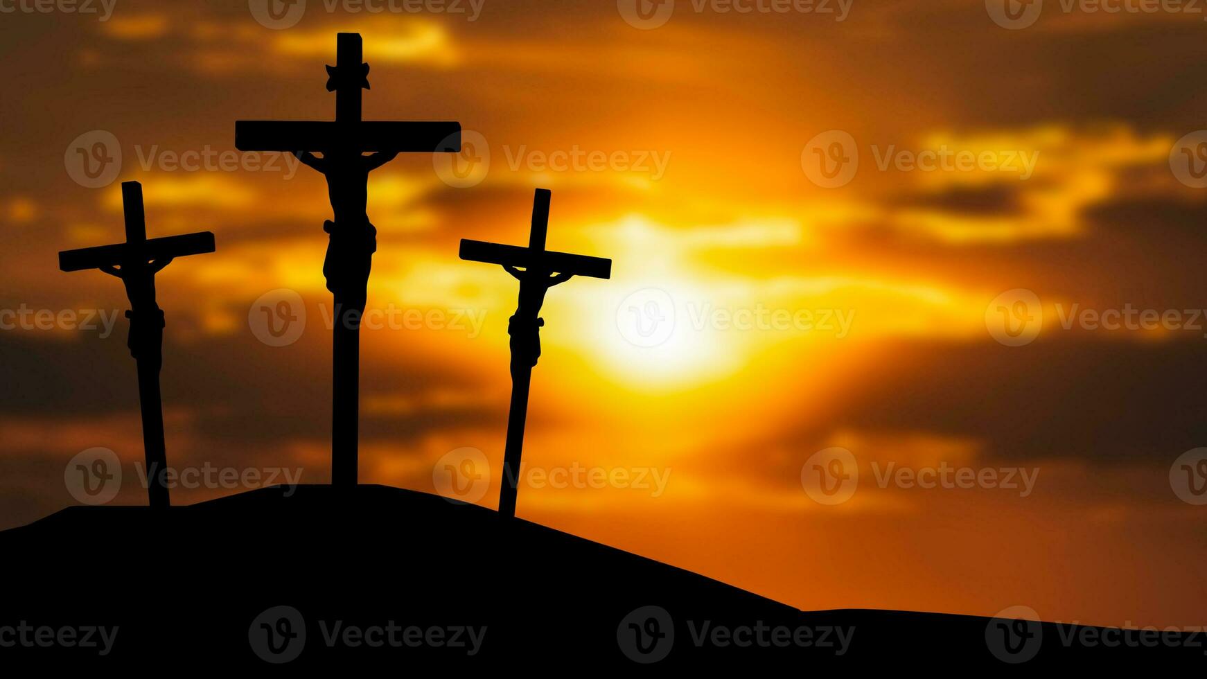 The Crucifixion Of Jesus Christ in twilight sky 3d rendering. photo