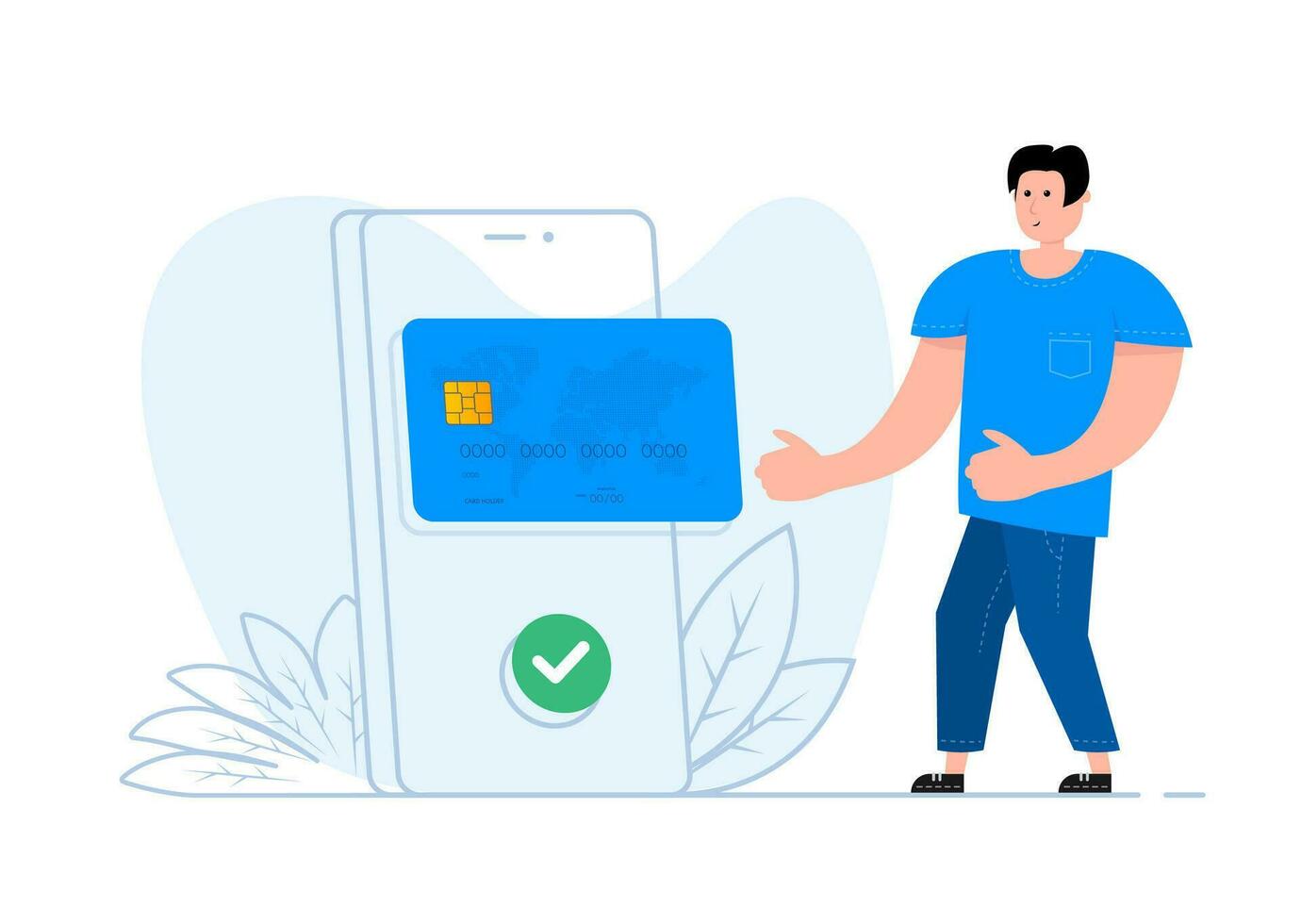 un hombre soportes cerca el teléfono inteligente, en el pantalla pagar con tarjeta. en línea pago. dinero transferir. vector