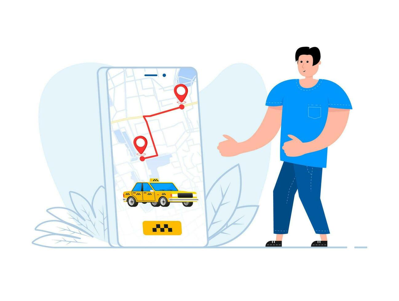A man stands near the smartphone, on the screen Taxi app on smartphone screen. Get a taxi. vector
