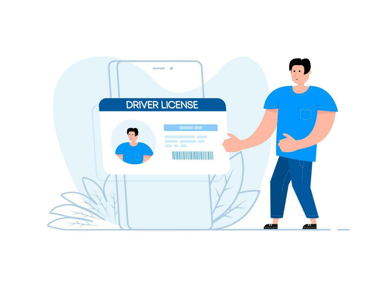 A man stands near the smartphone, on the screen Car driver license plastic card vector