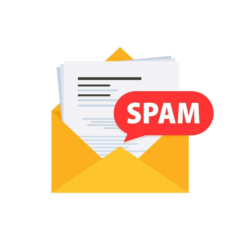 Email spamming attack. Email box hacking, spam warning. Vector stock illustration.