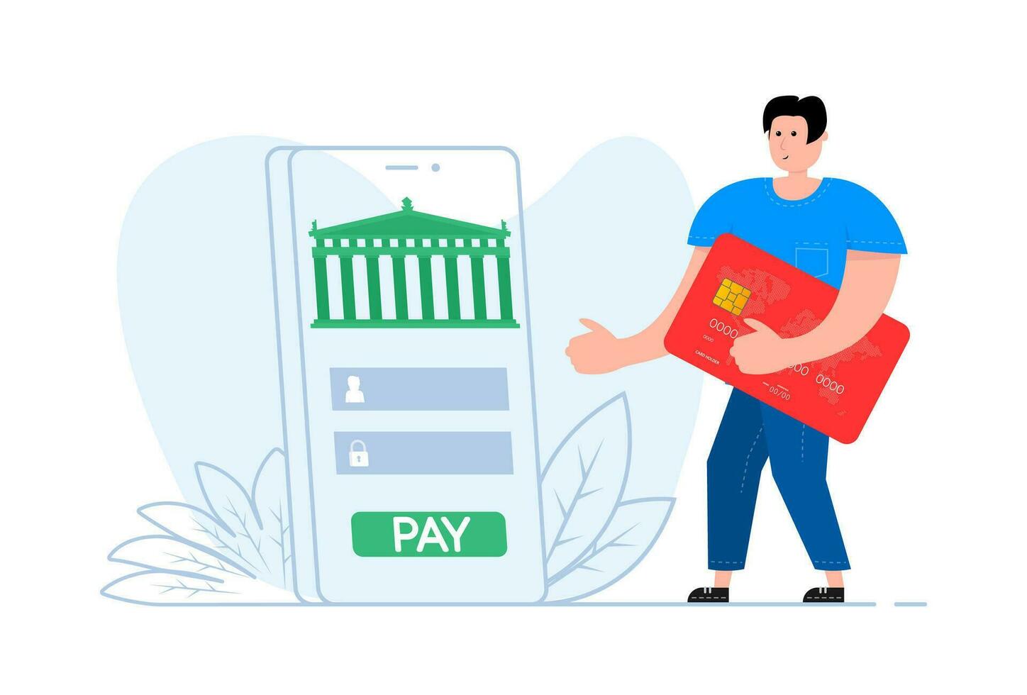A man stands near the smartphone, on the screen online banking and accounting. Online payment. E-payment screen. vector