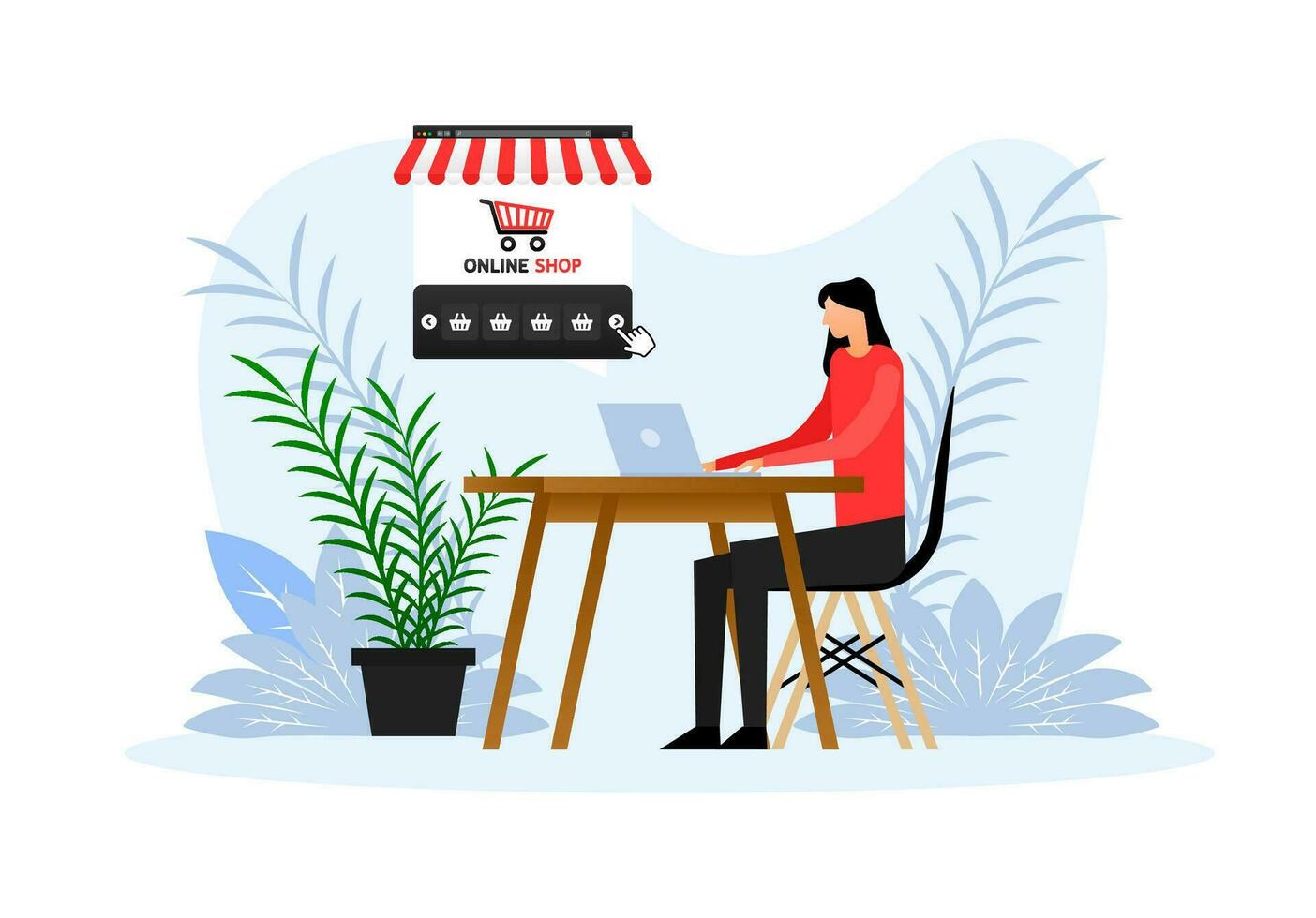 mujer sentado a un computadora portátil, en línea compras en el pantalla en línea compras, tienda electrónica. digital almacenar. vector