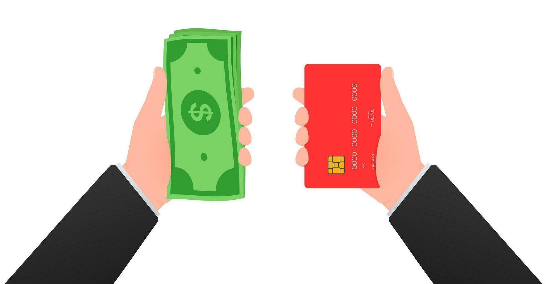 Hands holding credit plastic card and money bills. Financial operation with money bills and credit or debit card. vector