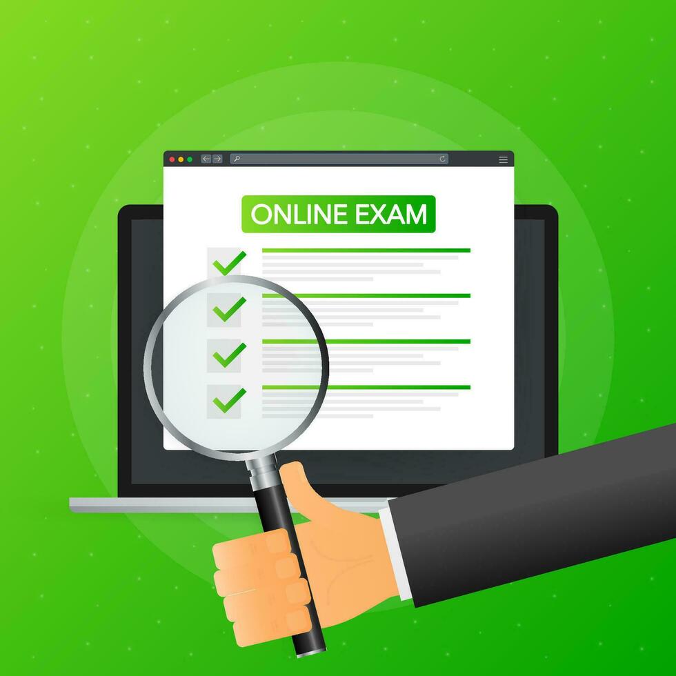 Hand holds magnifying glass over tablet with online exam on green background. Vector illustration.