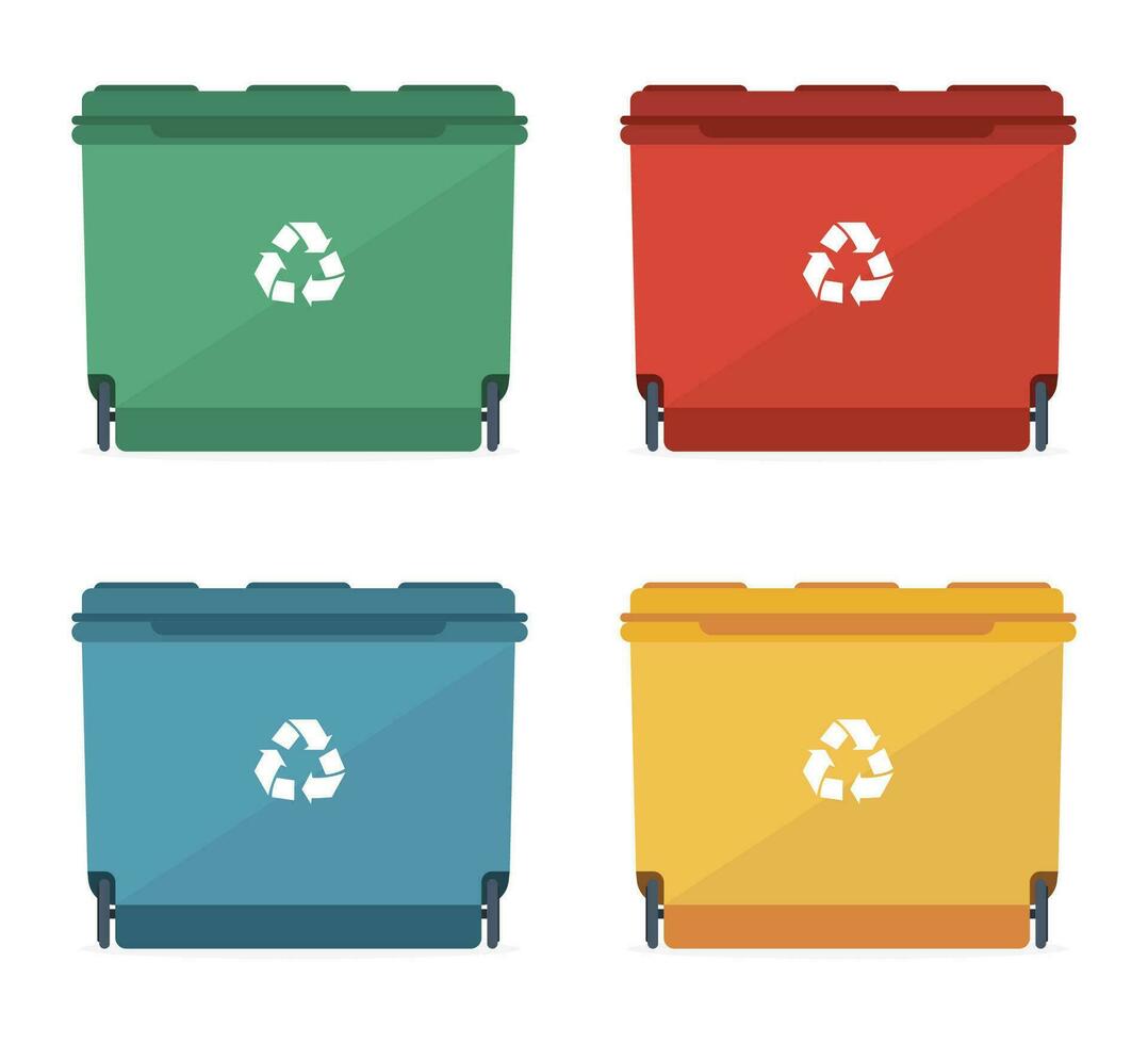 Waste bins of different sizes and different colors with a recycling sign. Vector illustration.