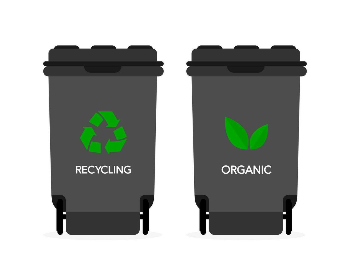 Different colored recycle waste bins vector illustration, Waste types segregation recycling.