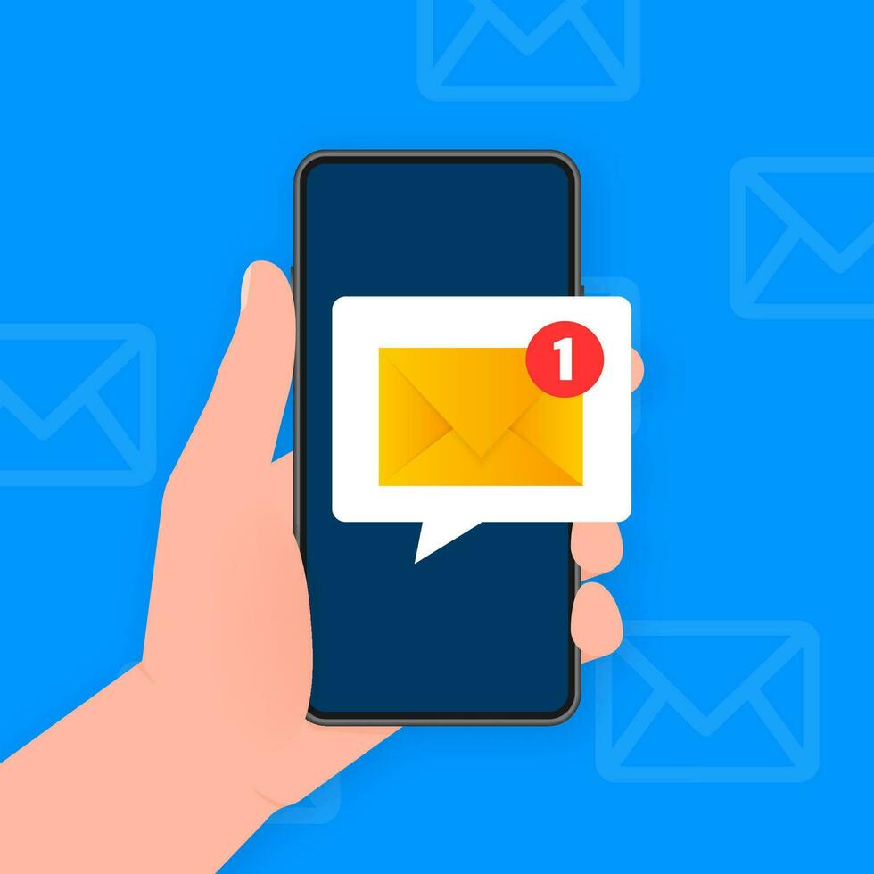 Hand holds phone with mail post new message on blue background. Vector illustration.