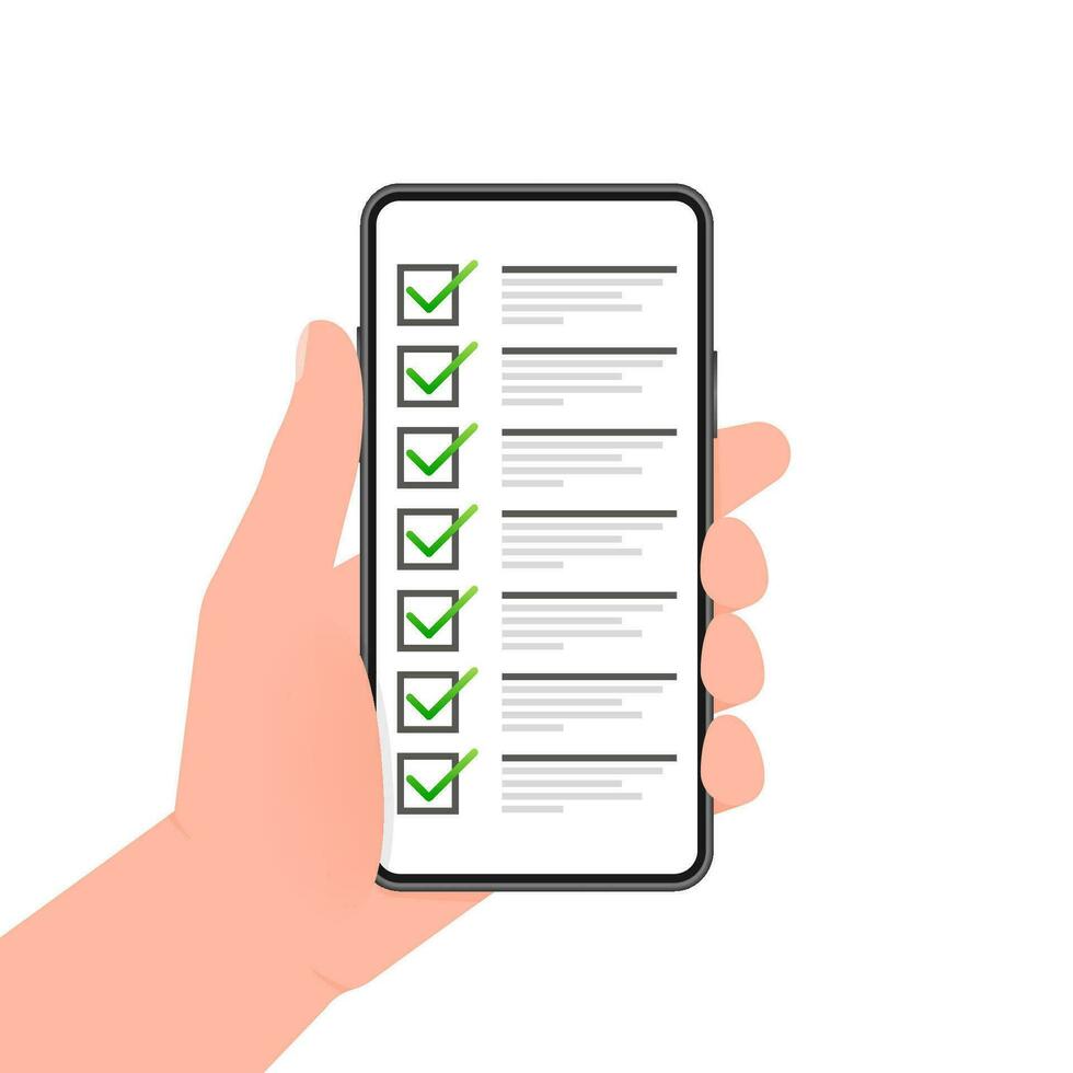 Hand holds phone with check list on screen on green background. Vector illustration.