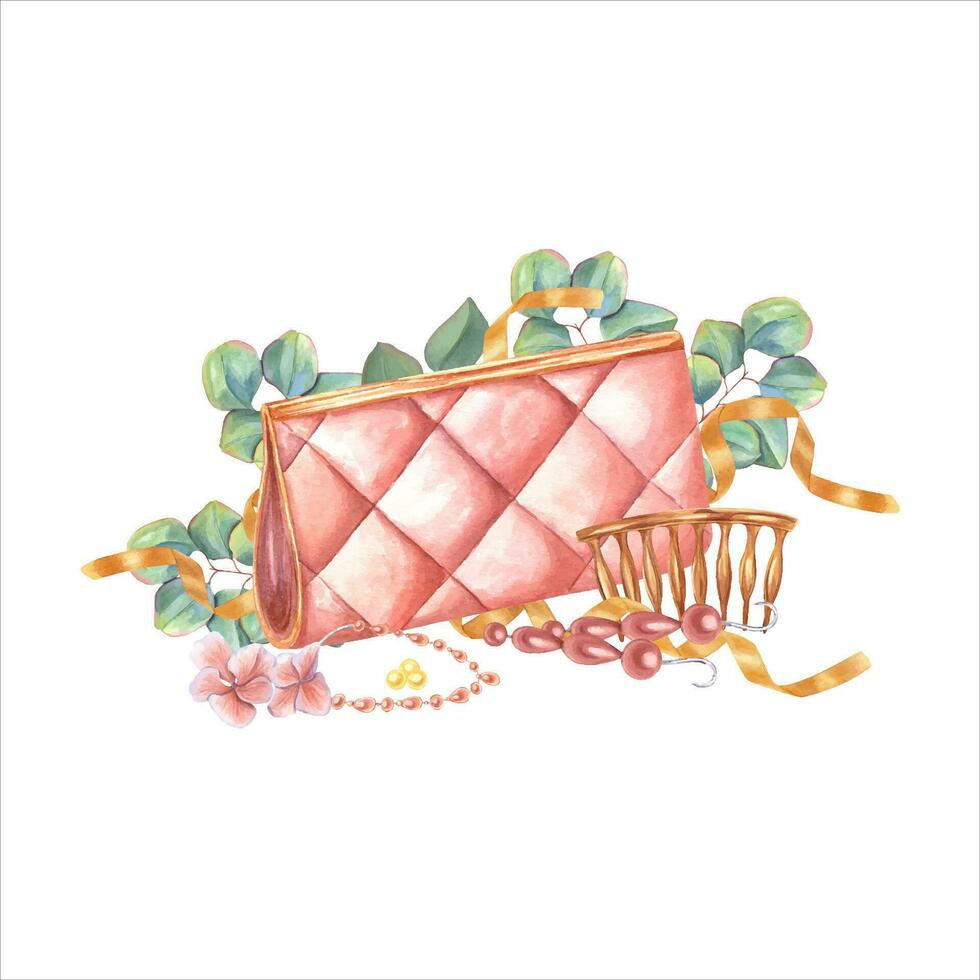 Handbag and accessories for parties, weddings, visits. Clutch, hairpin, dangle earrings, gold ribbons, hydrangea flower, eucalyptus branches. Watercolor illustration for your design. Female fashion. vector