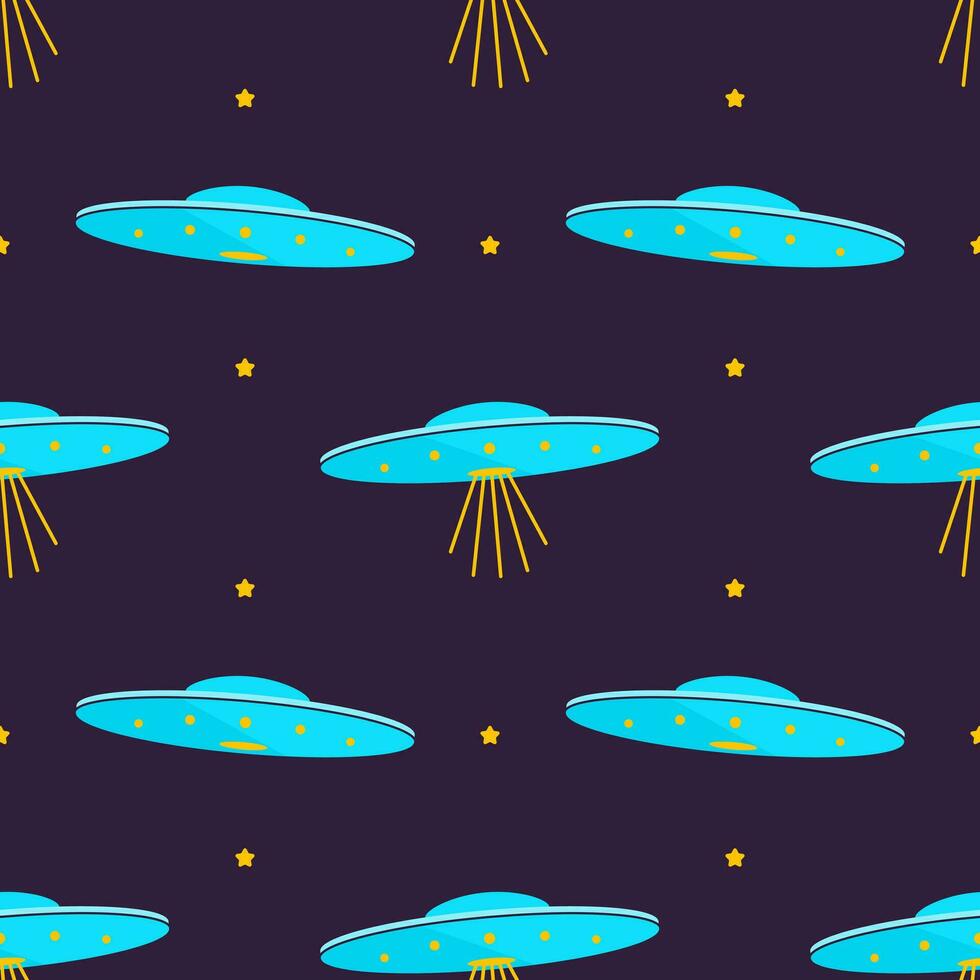 Vector modern cool pattern on the theme of space, aliens and extraterrestrials arriving on spaceships. Printable flat vector illustration for textile, fabric, wallpaper, wrapping.