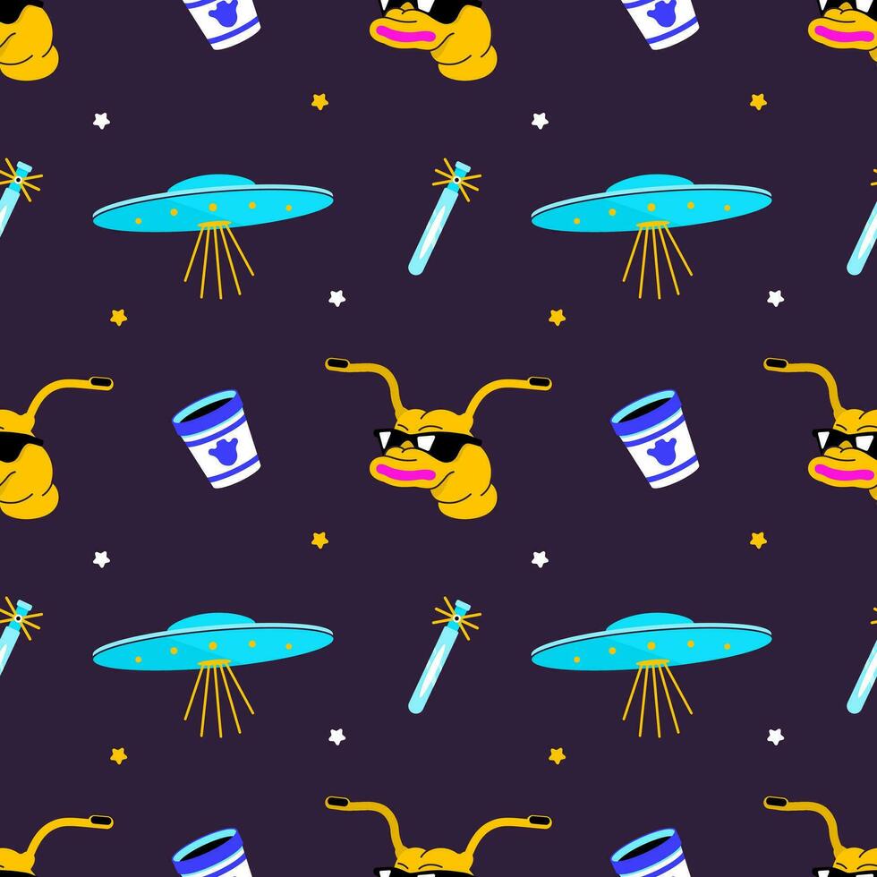 Vector modern cool pattern on the theme of space, aliens and extraterrestrials arriving on spaceships. Printable flat vector illustration for textile, fabric, wallpaper, wrapping.