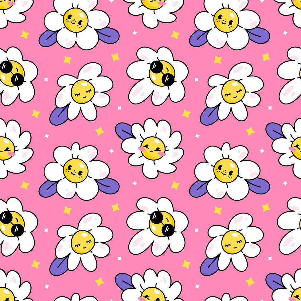 Cute kawaii cartoon character, daisy flower with leaves in retro 70s style. Grove plant. Funny emotion. Vector pattern background on pink background for textile, fabric, wallpaper, wrapping.