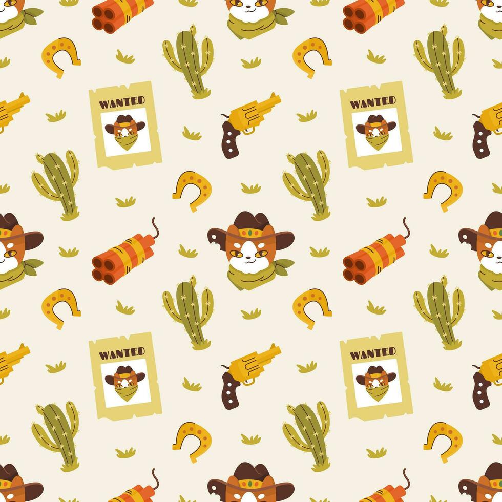 Vector seamless pattern with symbols of the Wild West cute sheriff, cowboy, bandit, cat. Children's repetition with Western symbols. Highly detailed baby texture for fabric and wrapping paper