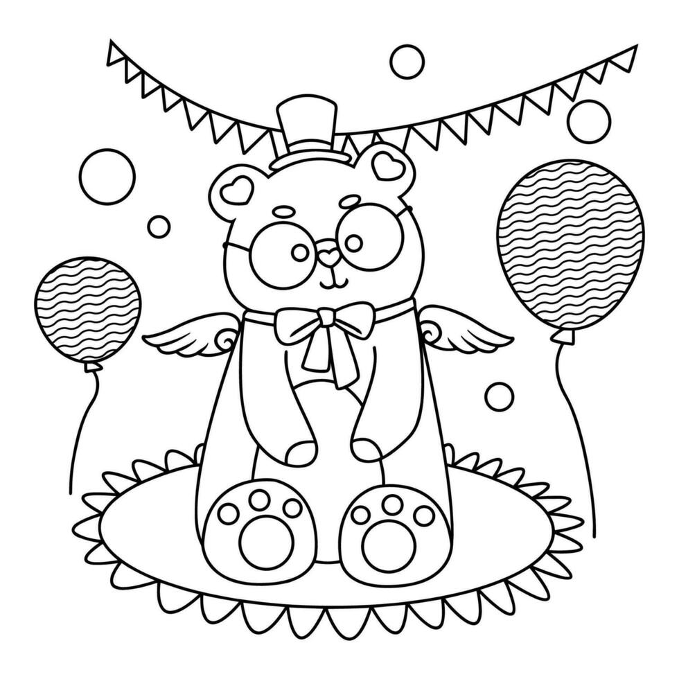 Hand Drawn Birthday Bear Cartoon Coloring Book Illustration vector