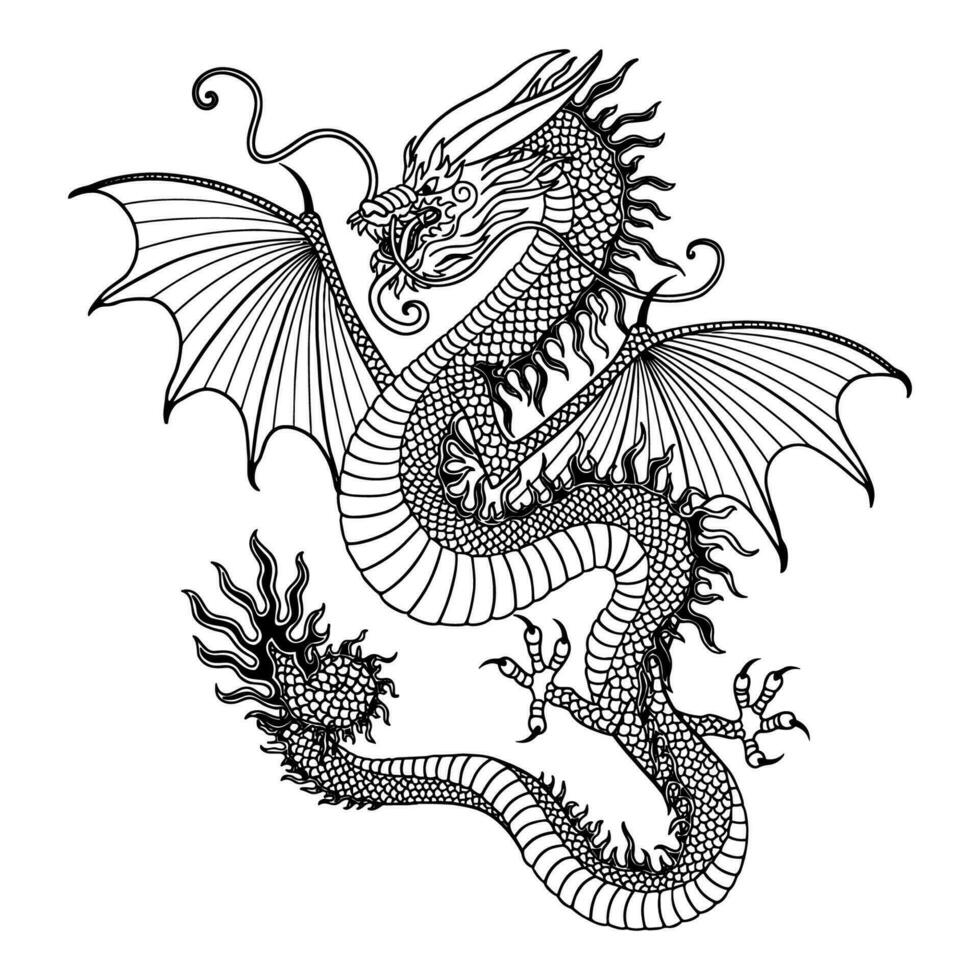 Hand Drawn Chinese Dragon Line Art Illustration vector
