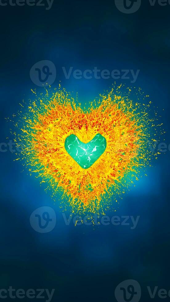 Energized Golden Heart on an Abstract Blue Bokeh Background photo