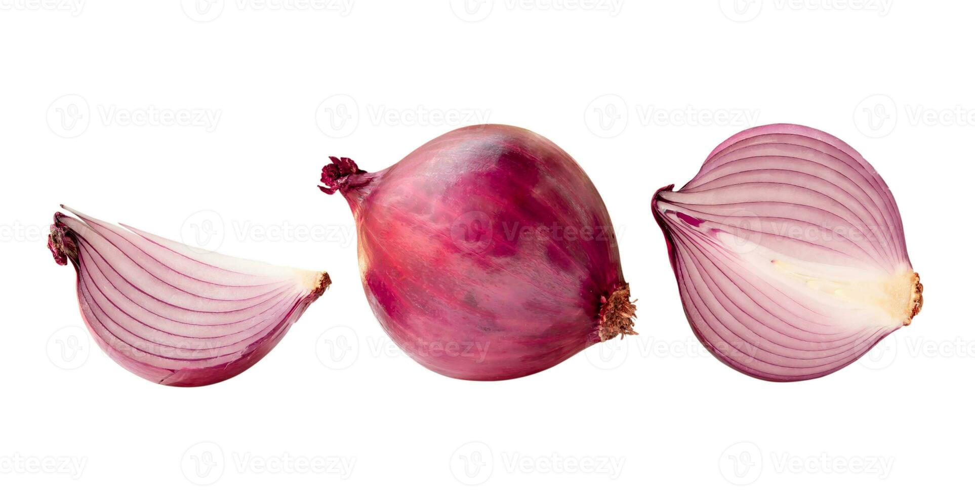 Set of fresh red onion bulb with half and slice isolated on white background with clipping path photo