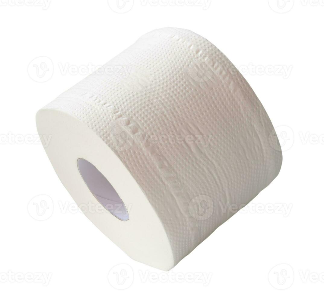 Single roll of white tissue paper or napkin prepared for use in toilet or restroom isolated on white background with clipping path photo