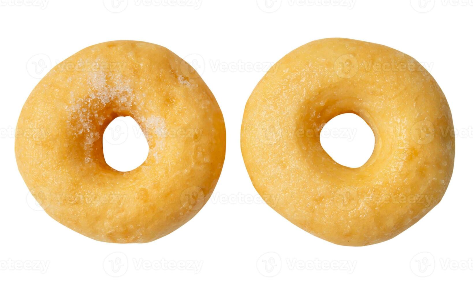 Top view of two delicious Cinnamon Sugar Mini Donuts isolated on white background with clipping path photo