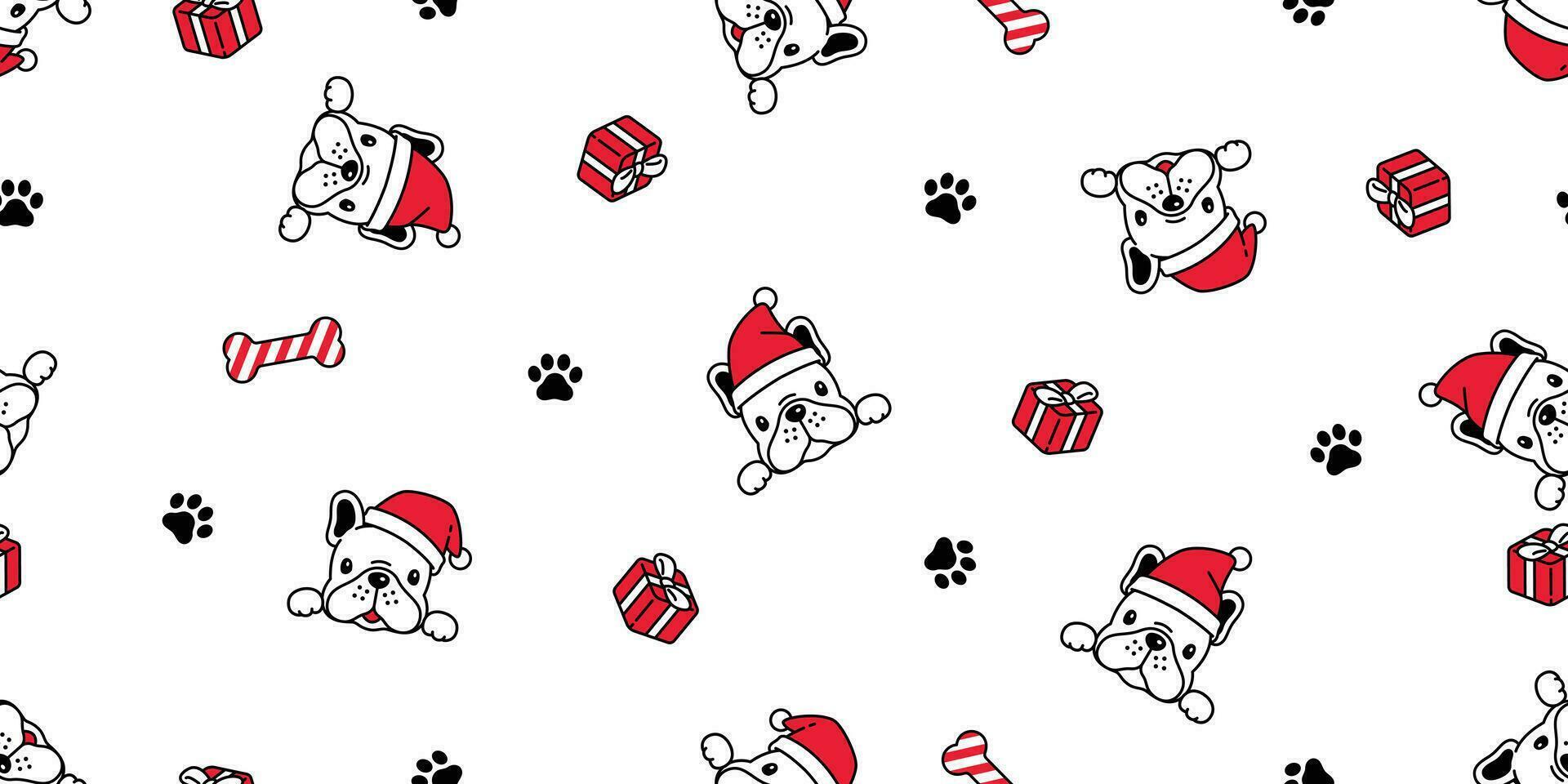 perro sin costura modelo Navidad vector francés buldog Papa Noel claus sombrero hueso bufanda aislado dibujos animados repetir antecedentes loseta fondo de pantalla ilustración diseño