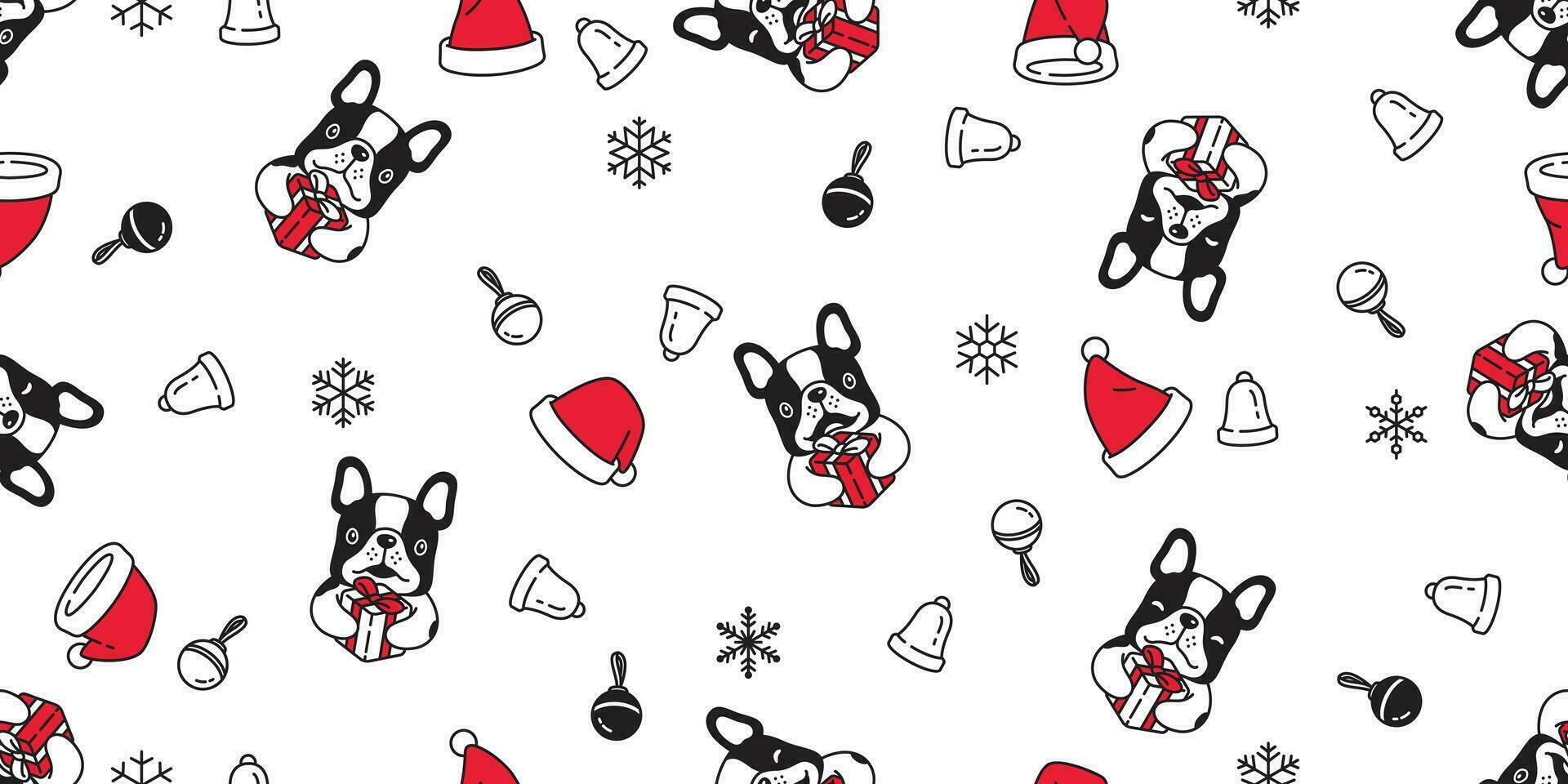 perro sin costura modelo Navidad vector francés buldog Papa Noel claus sombrero regalo caja campana bufanda aislado dibujos animados repetir antecedentes loseta fondo de pantalla ilustración diseño