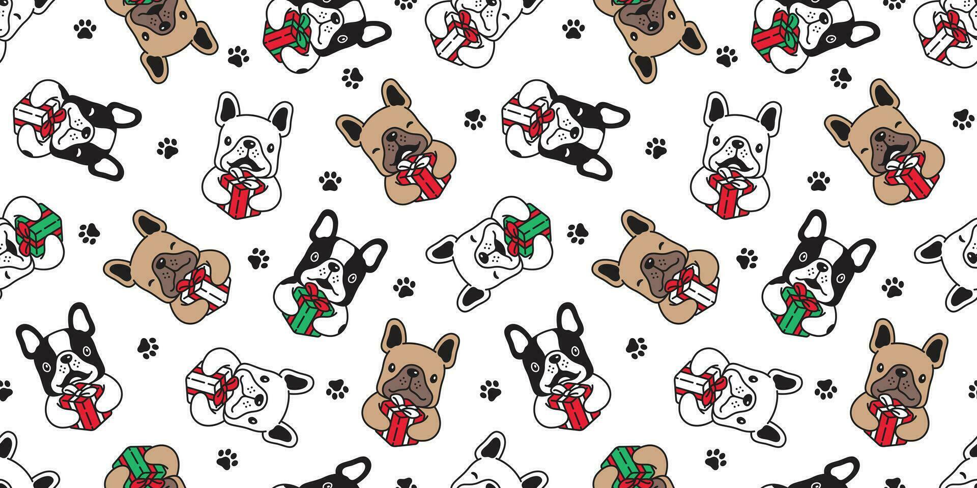 dog seamless pattern Christmas vector french bulldog Santa Claus paw footprint gift box scarf isolated cartoon repeat background tile wallpaper illustration design