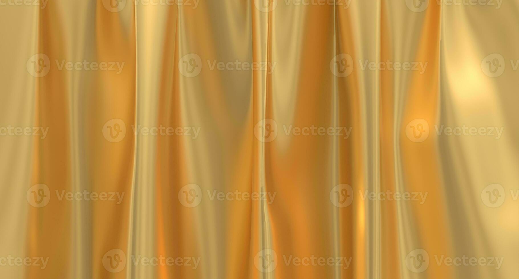 3D render folds of golden silk in full screen. Golden fabric background. Luxury gold cloth background. Close up of rippled silk fabric. 3D rendering photo