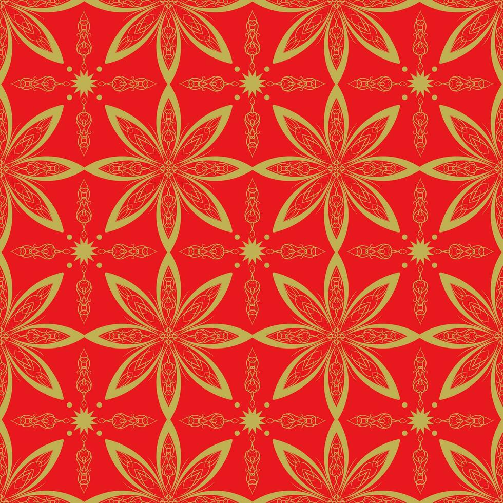 Bright red seamless floral pattern with abstract geometric flower gold on red background. Decorative oriental turkish background for textile, fabric, wallpaper, wrapping, ceramic tiles. vector