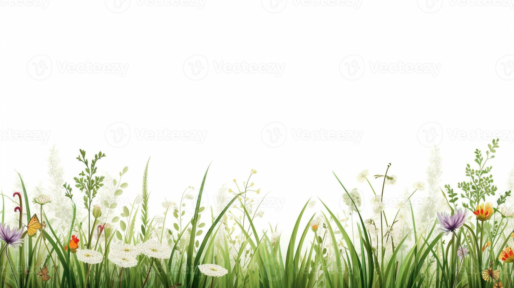 Border with grass and flowers growing from the ground. Spring background in cartoon style. AI Generative photo