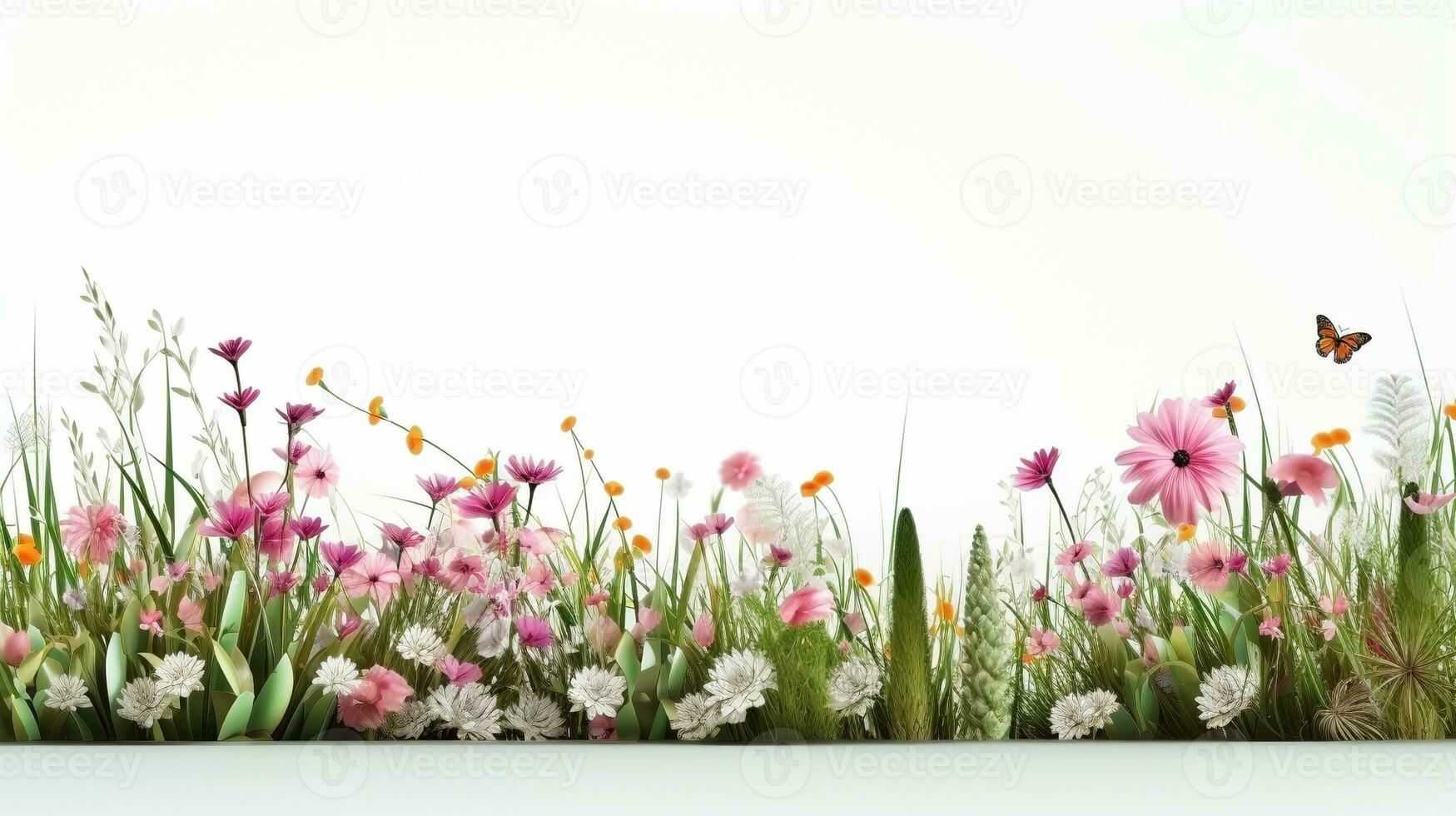 Spring grass and flowers border, Easter greeting card decoration element. AI Generative photo