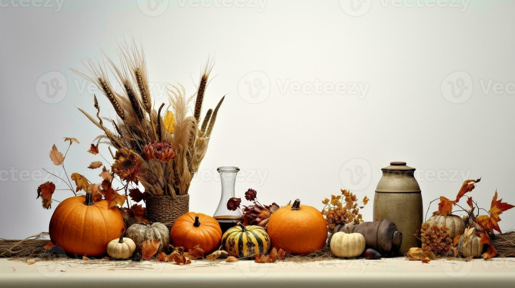 Thanksgiving motif of white and orange pumpkins laid out with fall foliage. AI Generative photo