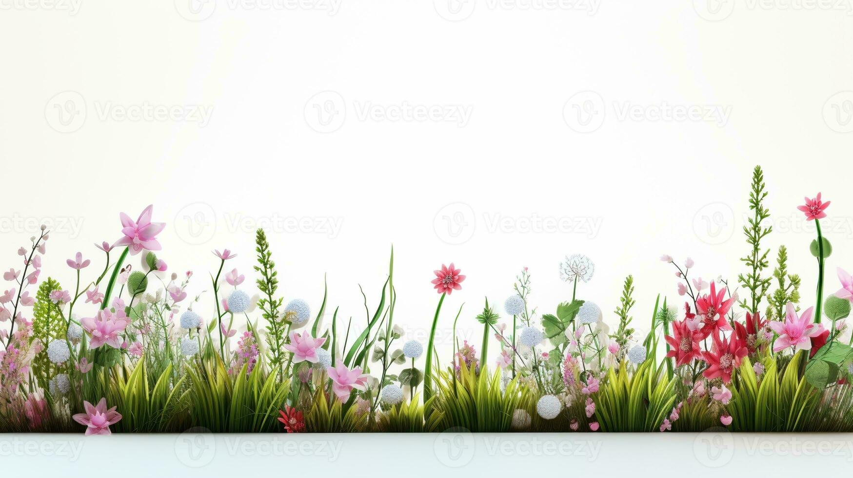 Spring red, blue and pink flowers, chamomiles, and grass border, greeting card decoration element. AI Generative photo