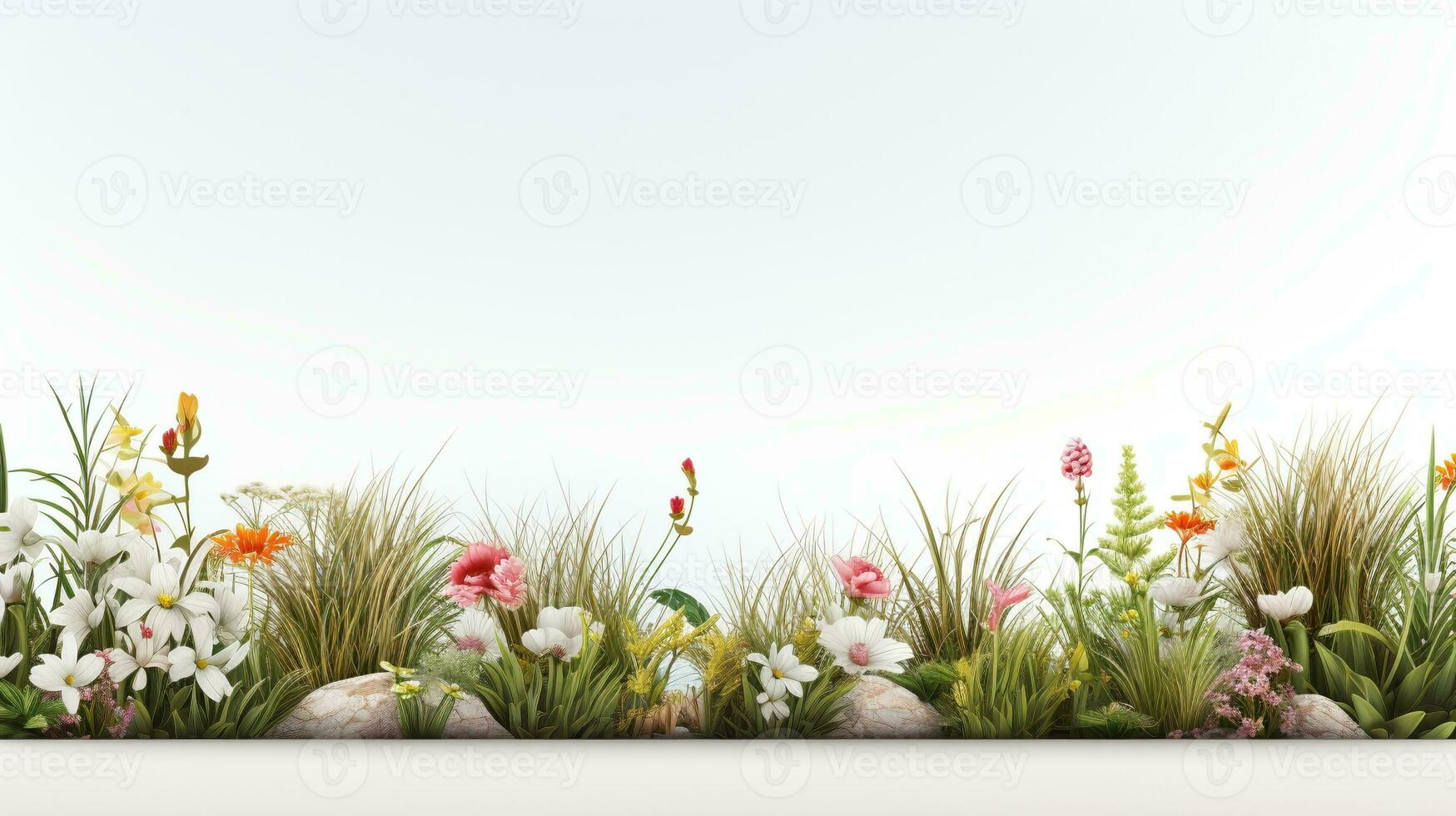 Spring flowers, chamomiles, and grass border, greeting card decoration element. AI Generative photo