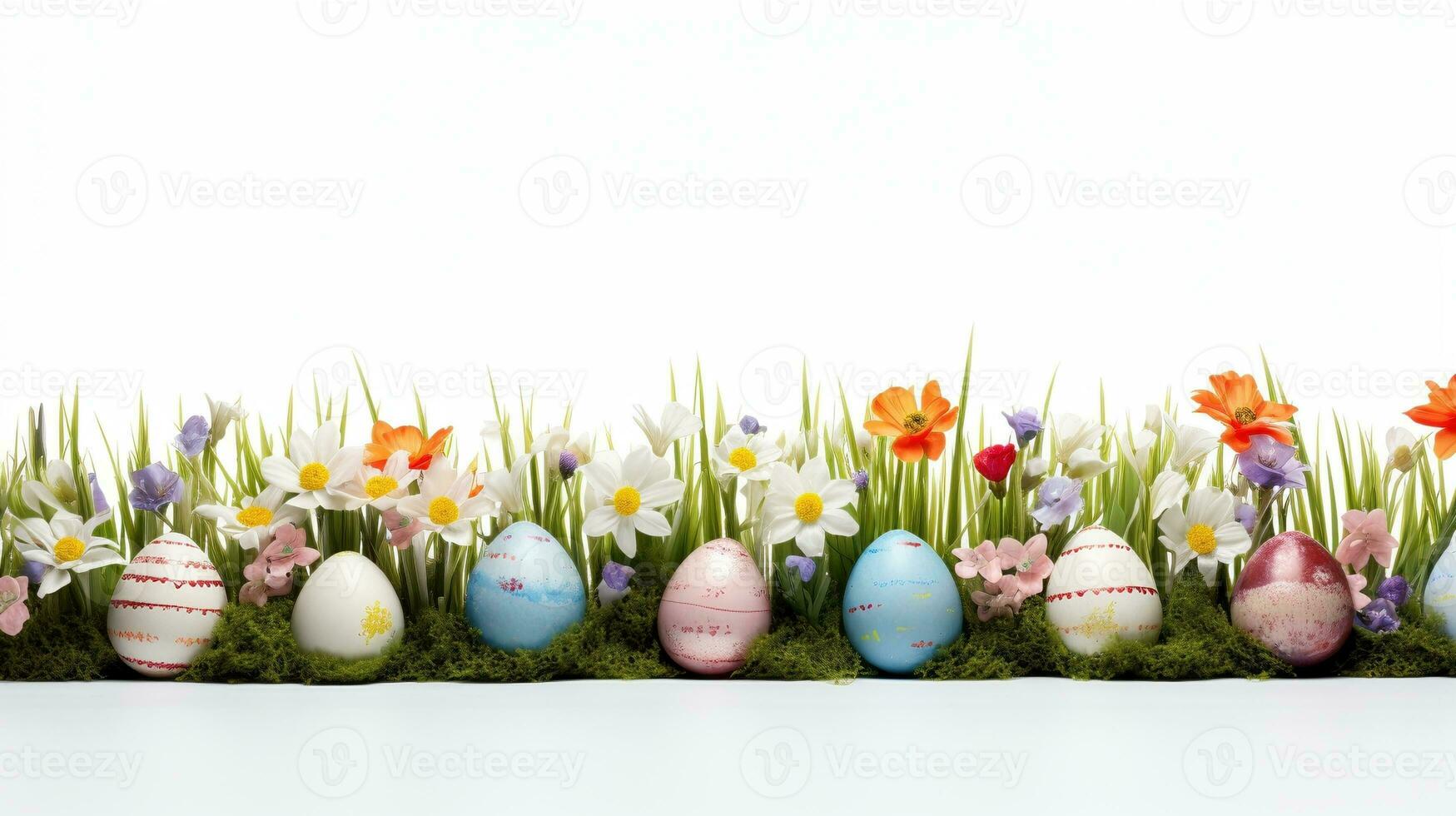 Spring grass. eggs, chamomiles and flower border, Easter greeting card decoration element. AI Generative photo