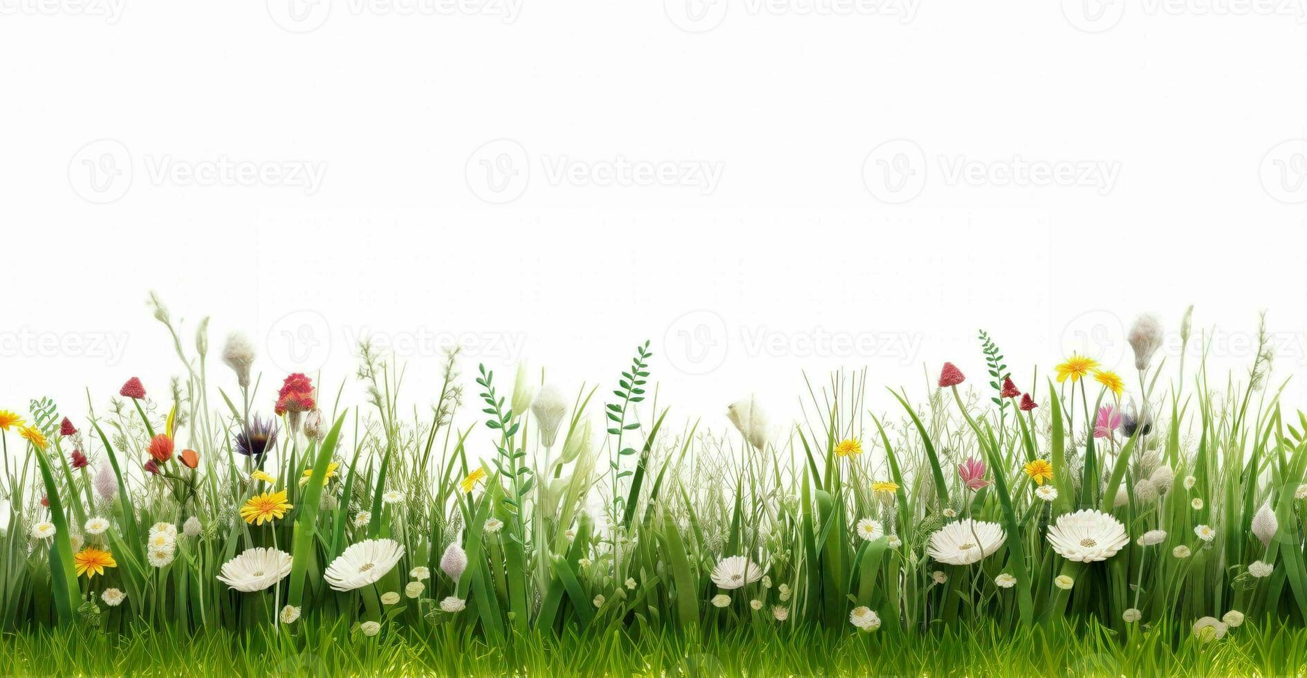 Spring grass and flowers border, greeting card decoration element. AI Generative photo