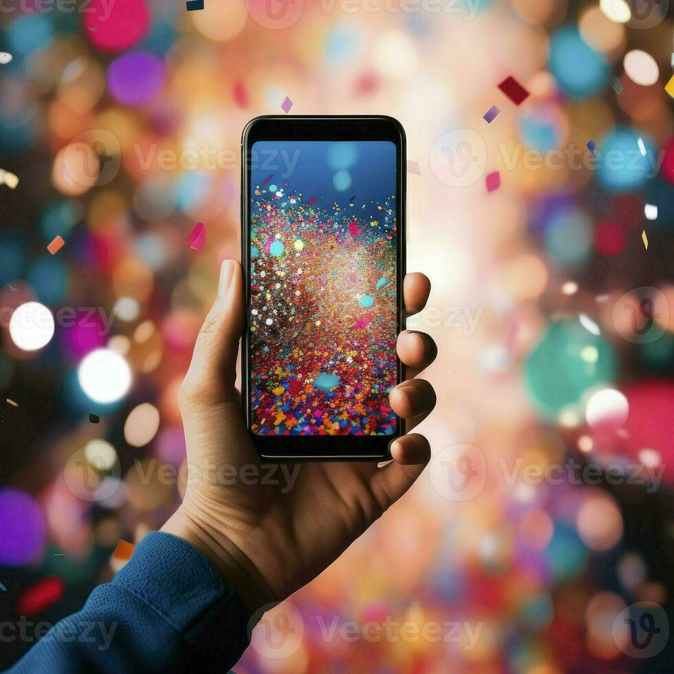 male hand holding a smartphone with flashing confetti on background, in the style of colorful textures. AI Generative photo