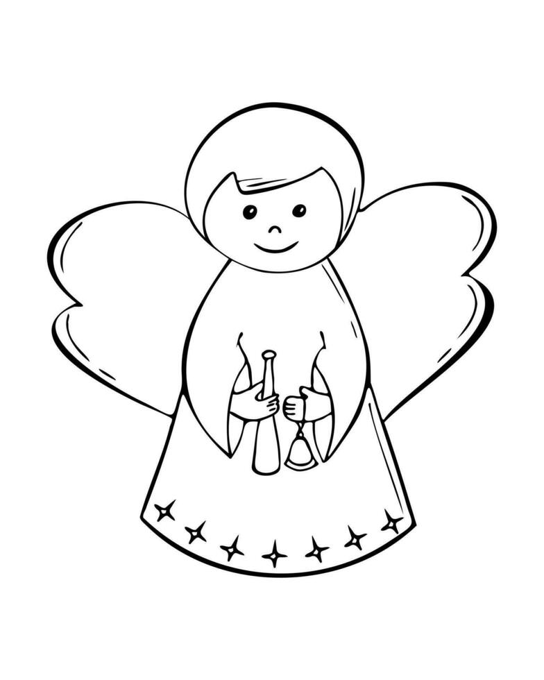 Navidad ángel mano dibujado contorno dibujo de niño con campana y tubo en su manos. vector