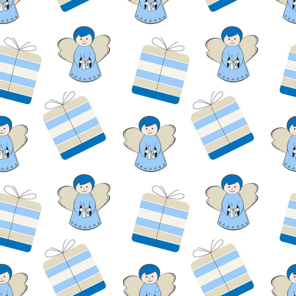 Pattern with gifts and angels for Christmas, blue and beige colors, drawing of child holding bell and pipe. vector