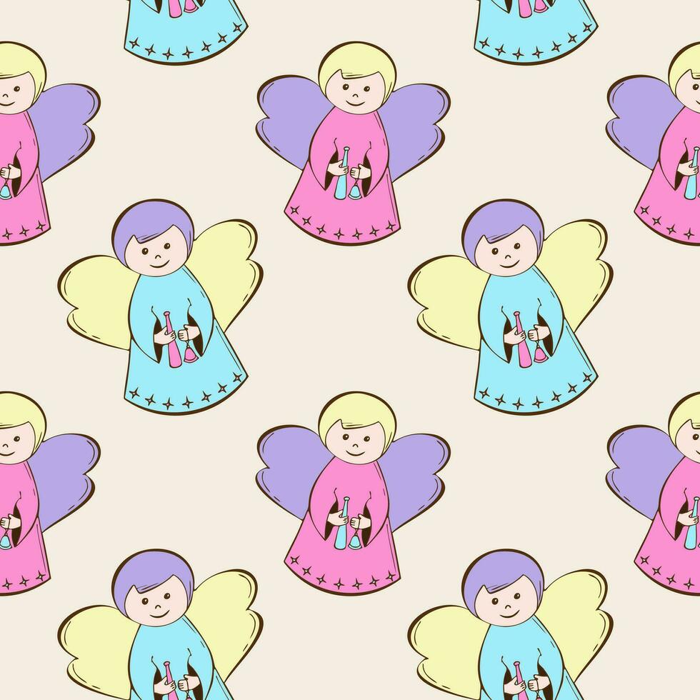 Cute Angel pattern for Christmas and Valentines Day, blue and pink color drawing of child holding bell and pipe. vector
